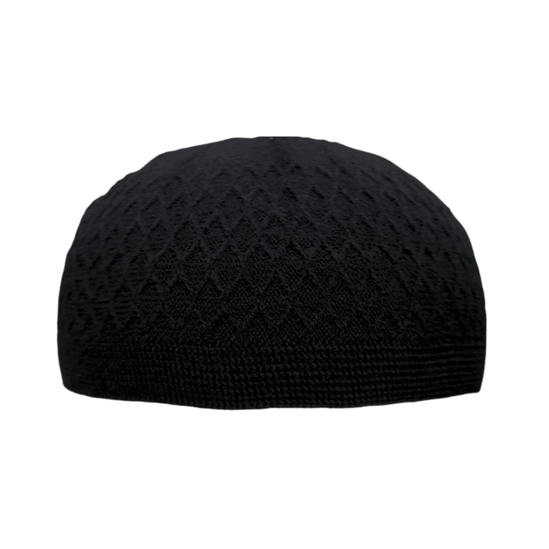 ICH Turkish knitted cap black, Islamic prayer cap, front view, soft breathable fabric, textured design, AL INAM CAP HOUSE