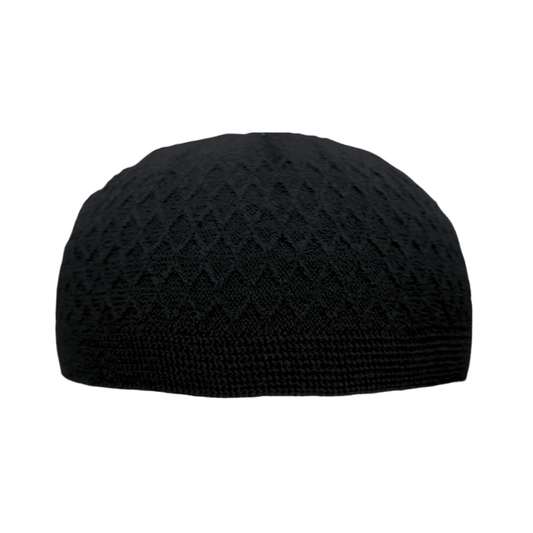 ICH Turkish knitted cap black, Islamic prayer cap, front view, soft breathable fabric, textured design, AL INAM CAP HOUSE