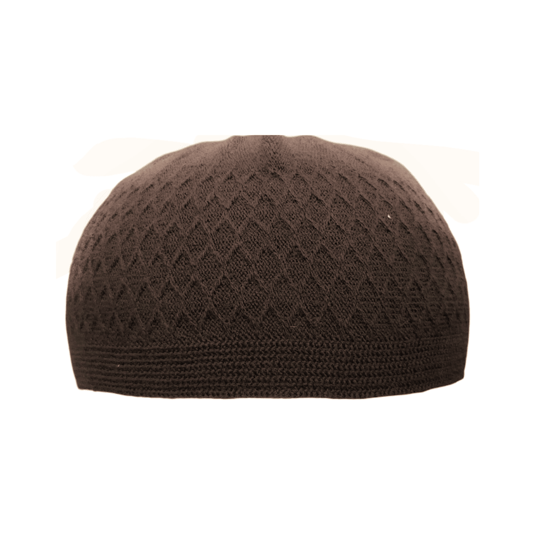 ICH Turkish knitted cap brown, Islamic prayer cap, front view, soft breathable fabric, textured design, AL INAM CAP HOUSE