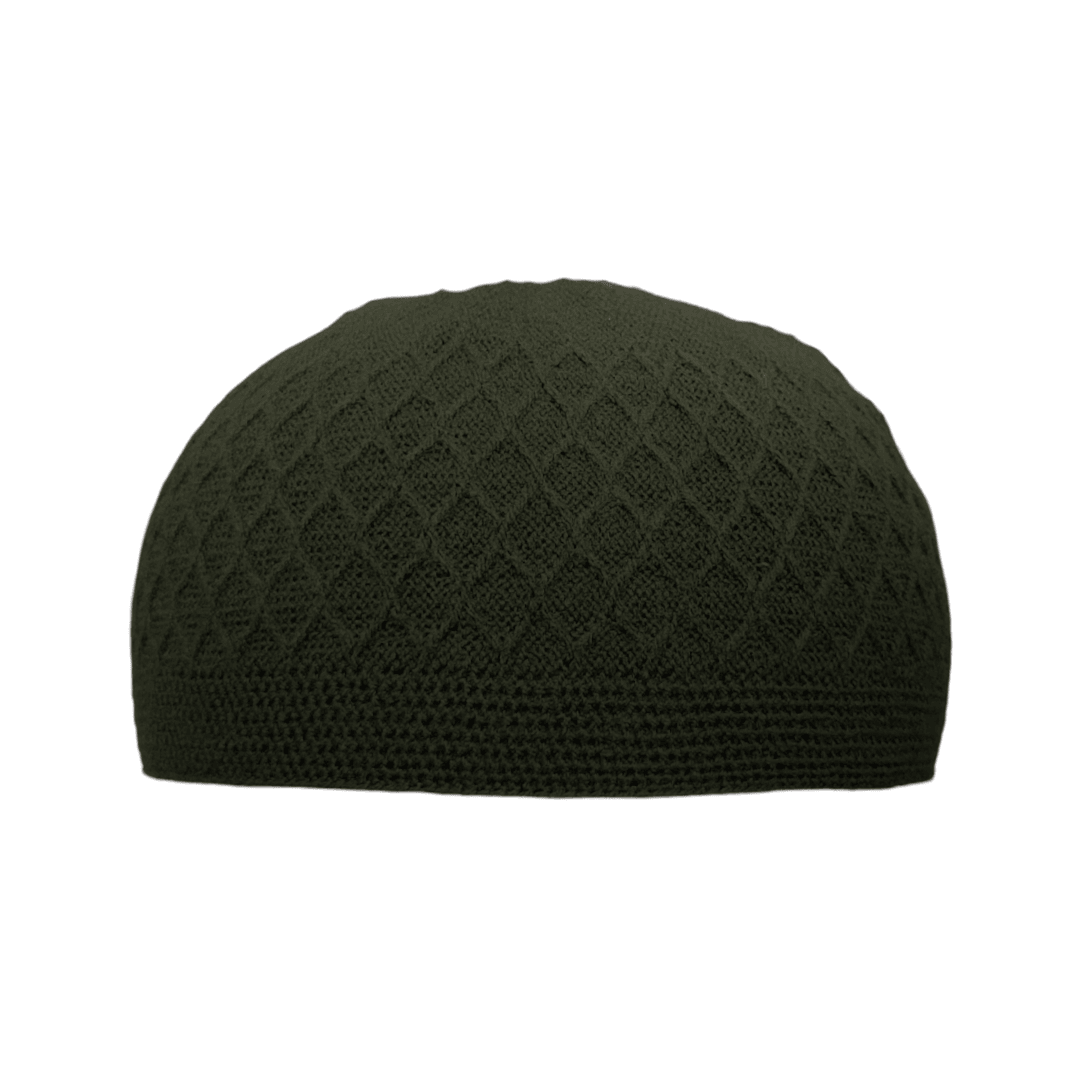 ICH Turkish knitted cap dark green, Islamic prayer cap, front view, soft breathable fabric, textured design, AL INAM CAP HOUSE