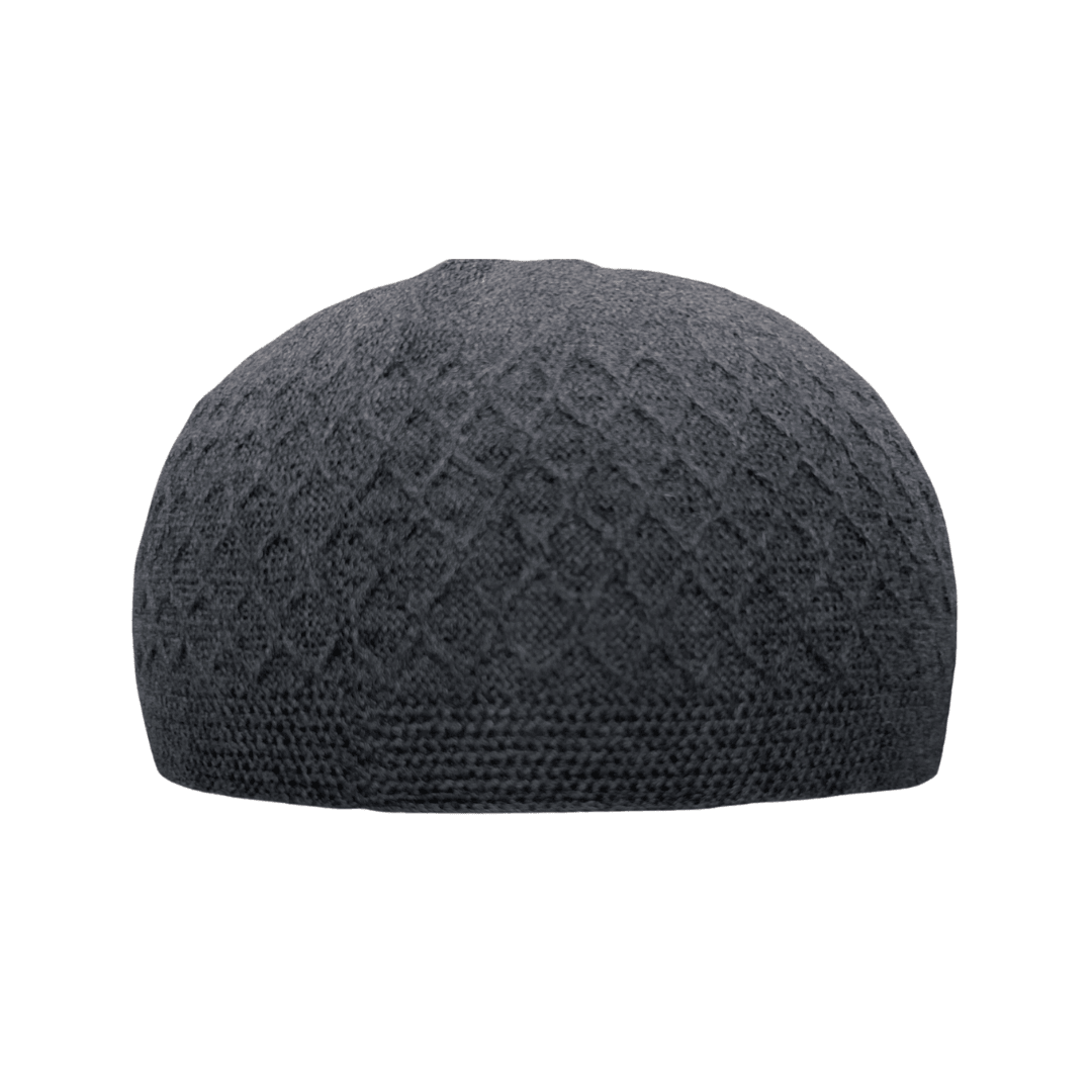 ICH Turkish knitted cap dark grey, Islamic prayer cap, front view, soft breathable fabric, textured design, AL INAM CAP HOUSE