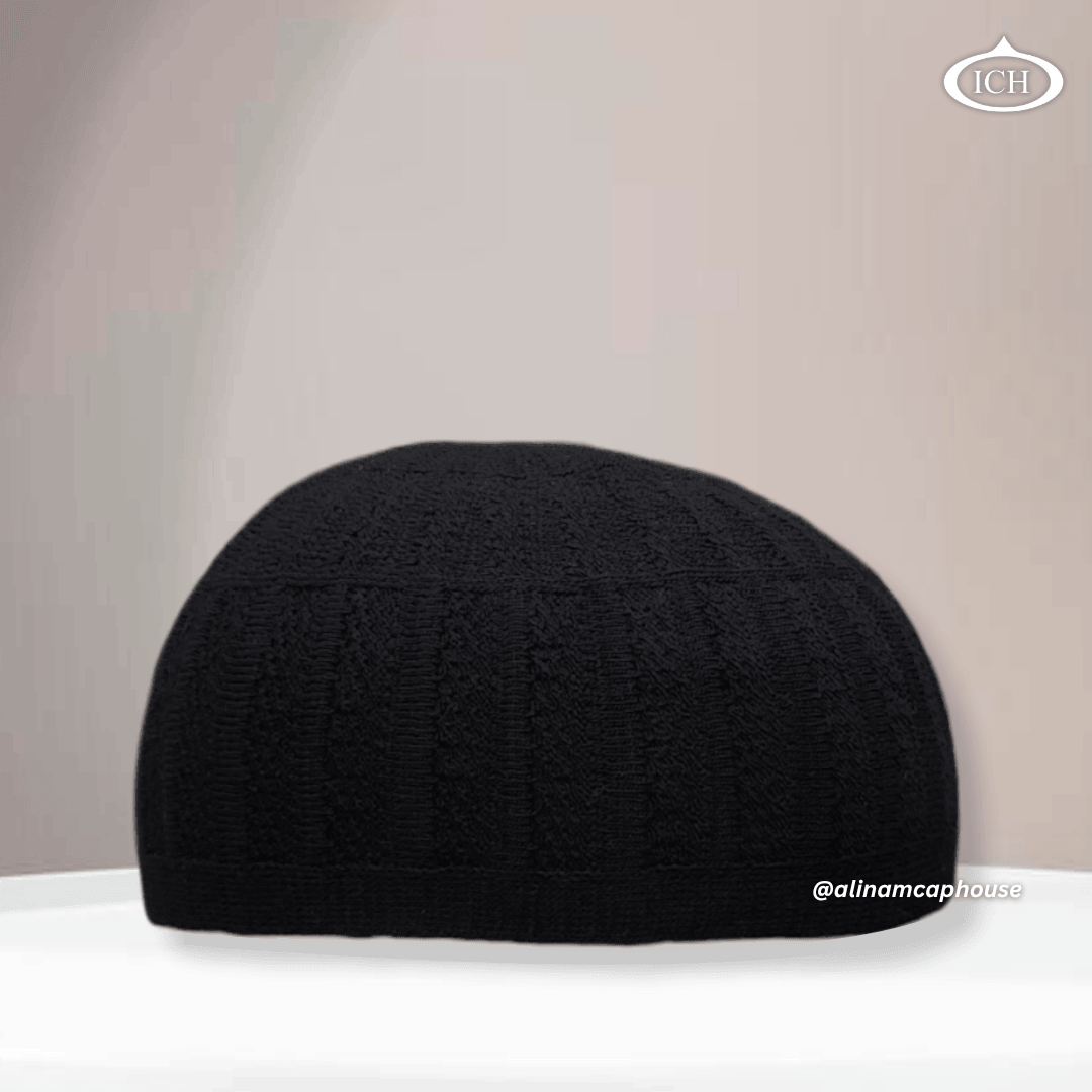 N04 black, Islamic prayer cap, front view, soft breathable fabric, textured design, AL INAM CAP HOUSE