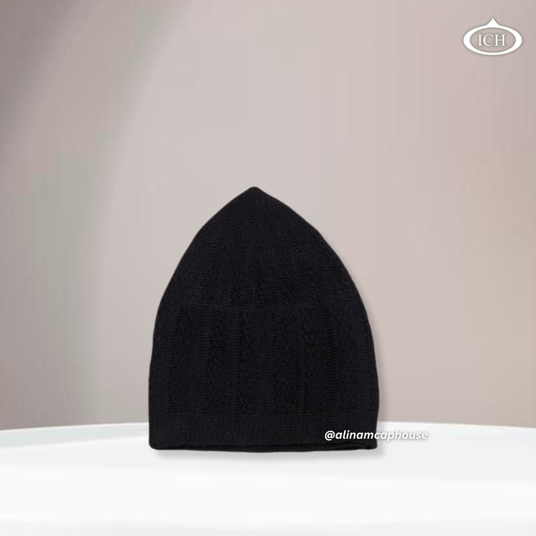 N04 black, Islamic prayer cap, side view, snug fit, handcrafted detail, AL INAM CAP HOUSE