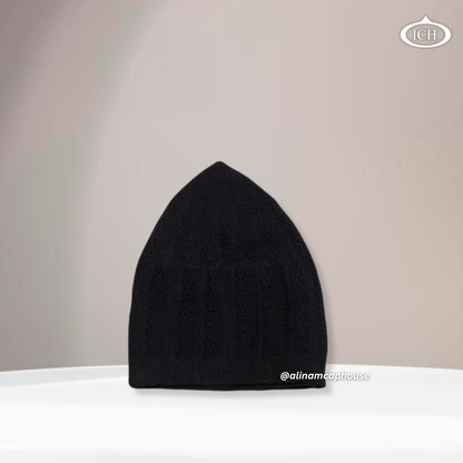 N04 black, Islamic prayer cap, side view, snug fit, handcrafted detail, AL INAM CAP HOUSE
