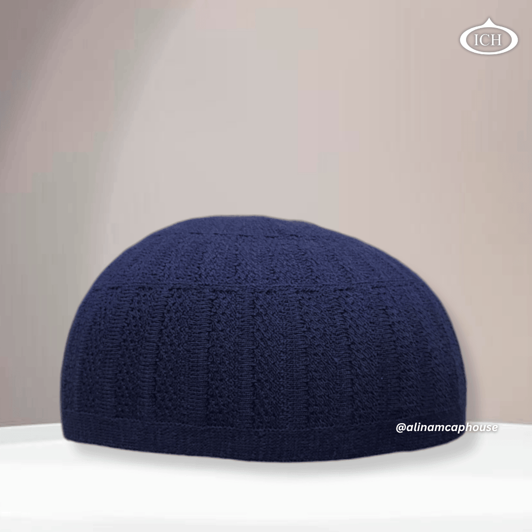 N04 blue, Islamic prayer cap, front view, soft breathable fabric, textured design, AL INAM CAP HOUSE