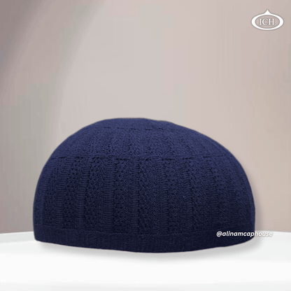 N04 blue, Islamic prayer cap, front view, soft breathable fabric, textured design, AL INAM CAP HOUSE