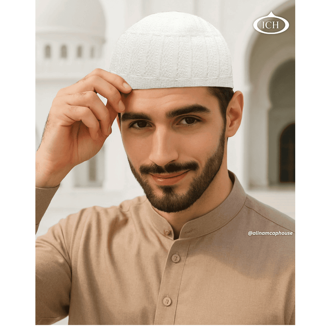 N04 dove white, Islamic prayer cap, angled view on model, elegant textured design, comfortable fit, AL INAM CAP HOUSE