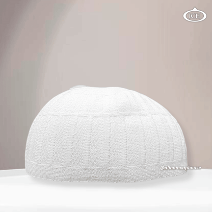 N04 dove white, Islamic prayer cap, front view, soft breathable fabric, textured design, AL INAM CAP HOUSE