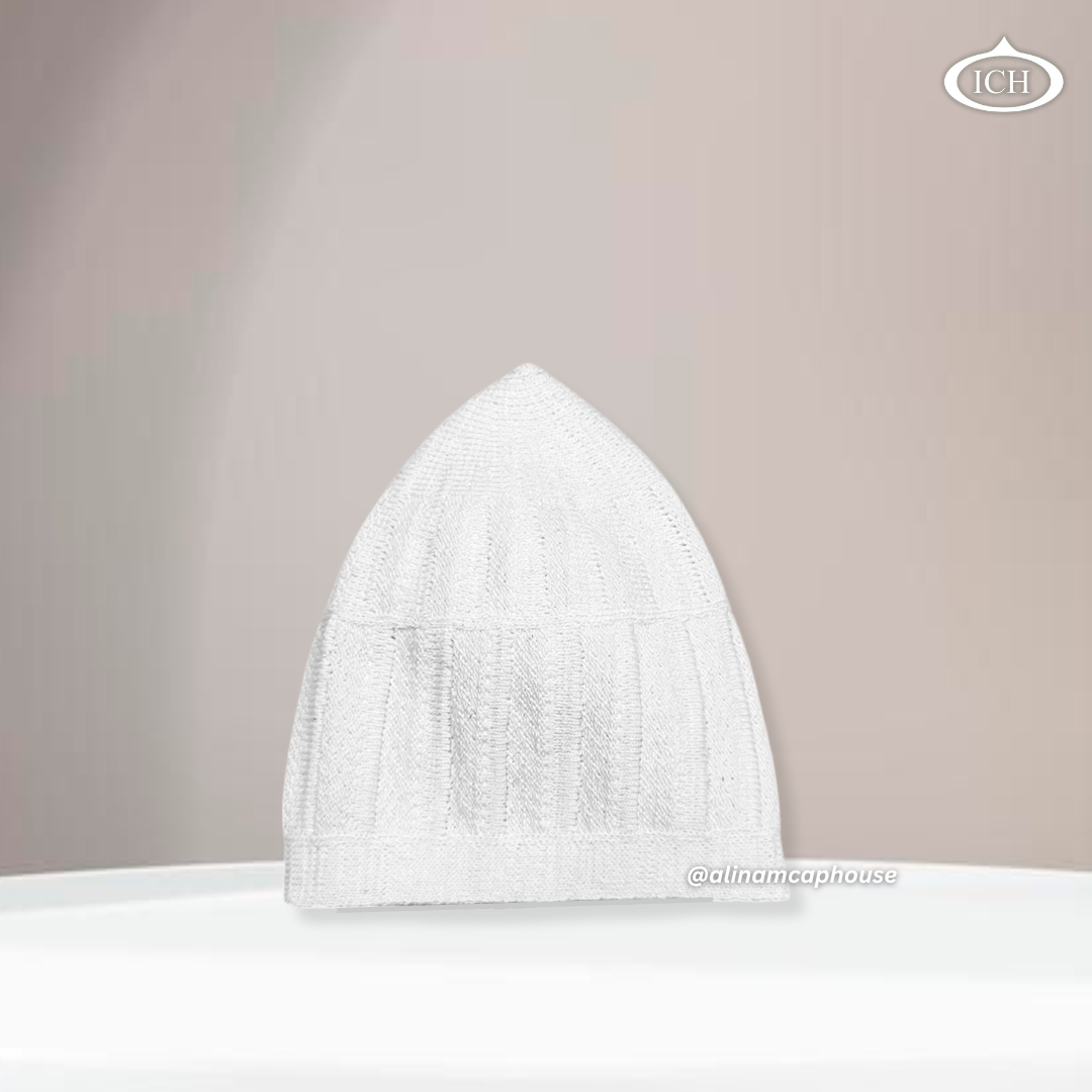 N04 dove white, Islamic prayer cap, side view, snug fit, handcrafted detail, AL INAM CAP HOUSE