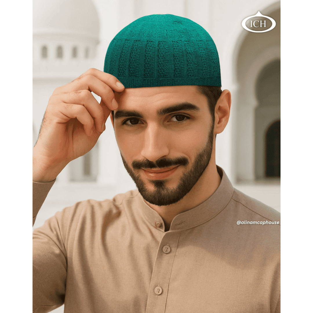 N04 green, Islamic prayer cap, angled view on model, elegant textured design, comfortable fit, AL INAM CAP HOUSE