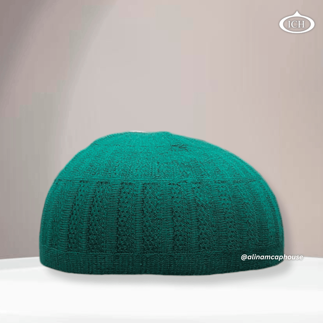 N04 green, Islamic prayer cap, front view, soft breathable fabric, textured design, AL INAM CAP HOUSE