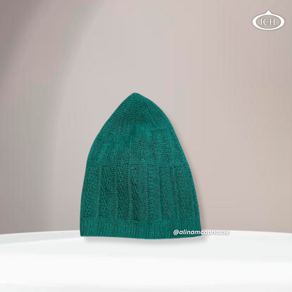 N04 green, Islamic prayer cap, side view, snug fit, handcrafted detail, AL INAM CAP HOUSE
