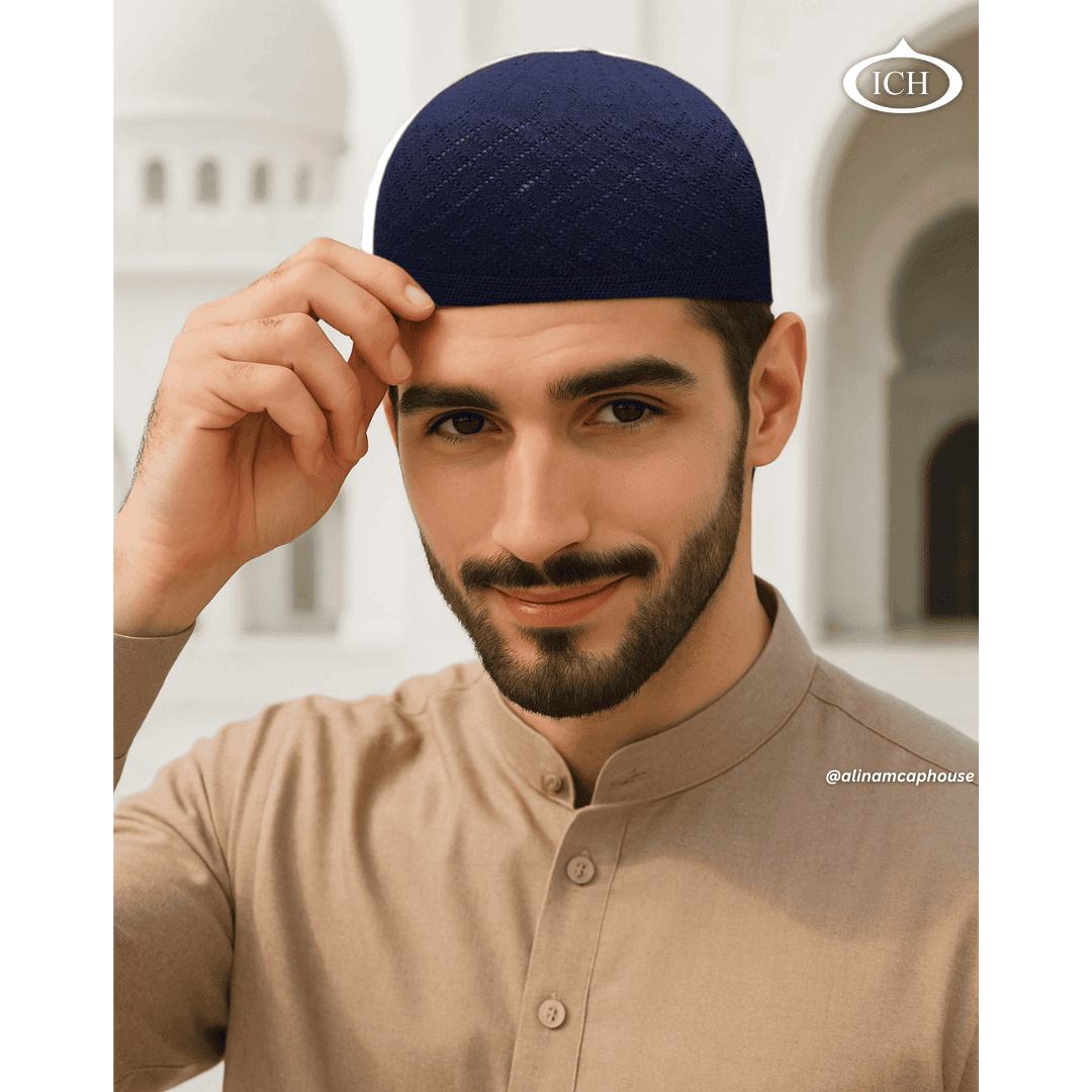 N06 blue, Islamic prayer cap, angled view on model, refined look, comfortable fit, AL INAM CAP HOUSE