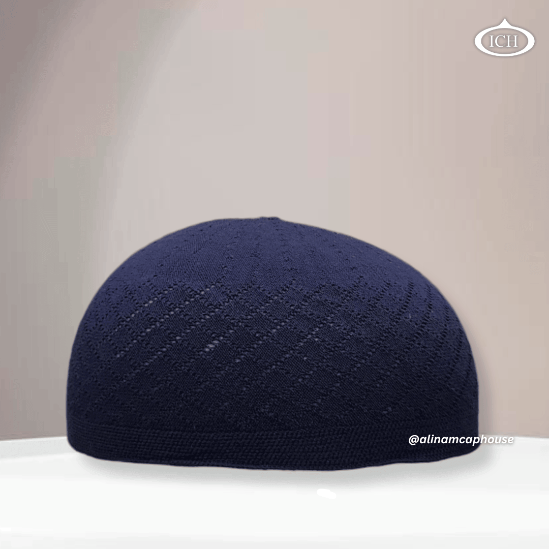 N06 blue, Islamic prayer cap, front view, soft breathable fabric, textured design, AL INAM CAP HOUSE