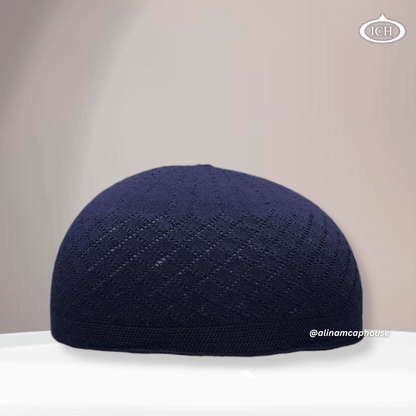 N06 blue, Islamic prayer cap, front view, soft breathable fabric, textured design, AL INAM CAP HOUSE