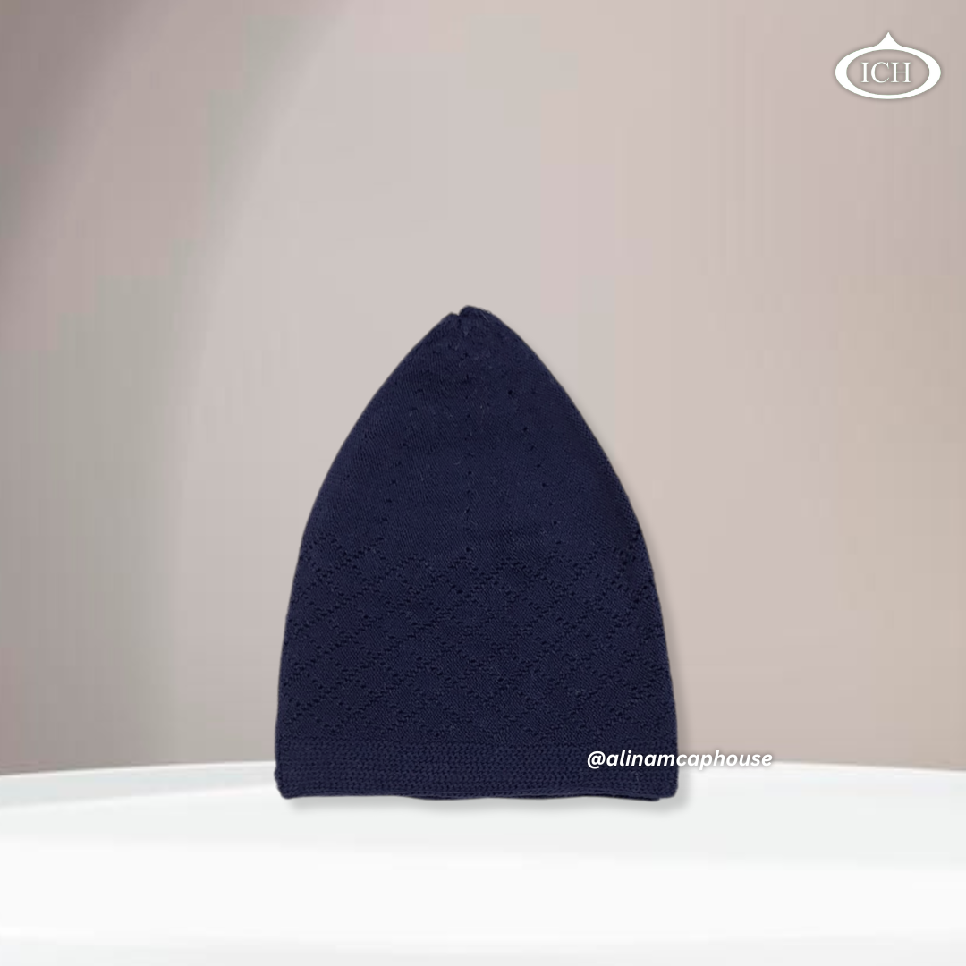 N06 blue, Islamic prayer cap, side view, snug fit, fine detail, AL INAM CAP HOUSE