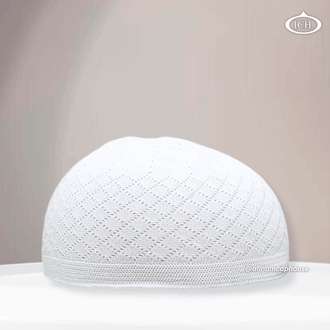 N06 dove white, Islamic prayer cap, front view, soft breathable fabric, delicate texture, AL INAM CAP HOUSE