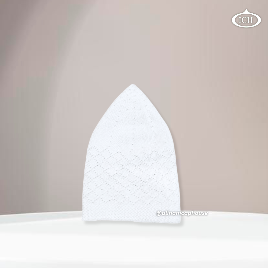 N06 dove white, Islamic prayer cap, side view, snug fit, elegant detail, AL INAM CAP HOUSE