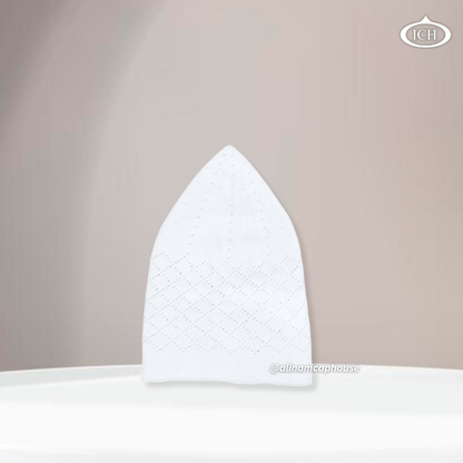 N06 dove white, Islamic prayer cap, side view, snug fit, elegant detail, AL INAM CAP HOUSE