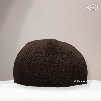 N07 brown, Islamic prayer cap, front view, earthy tone fabric, subtle texture, AL INAM CAP HOUSE