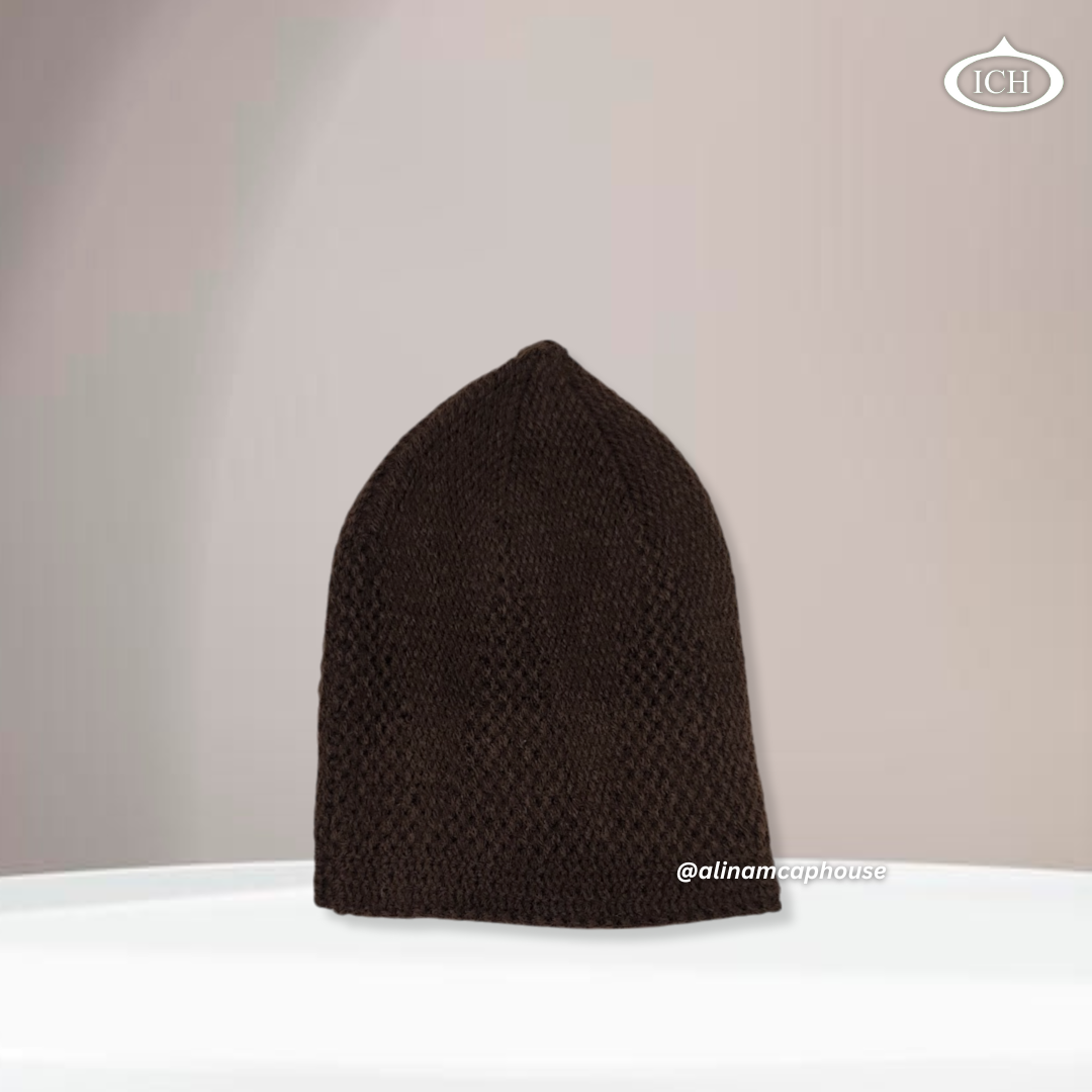 N07 brown, Islamic prayer cap, side view, snug profile, handcrafted detail, AL INAM CAP HOUSE
