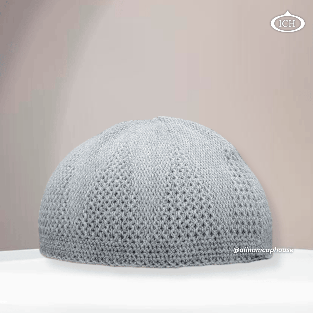 N07 grey, Islamic prayer cap, front view, neutral tone fabric, subtle texture, AL INAM CAP HOUSE