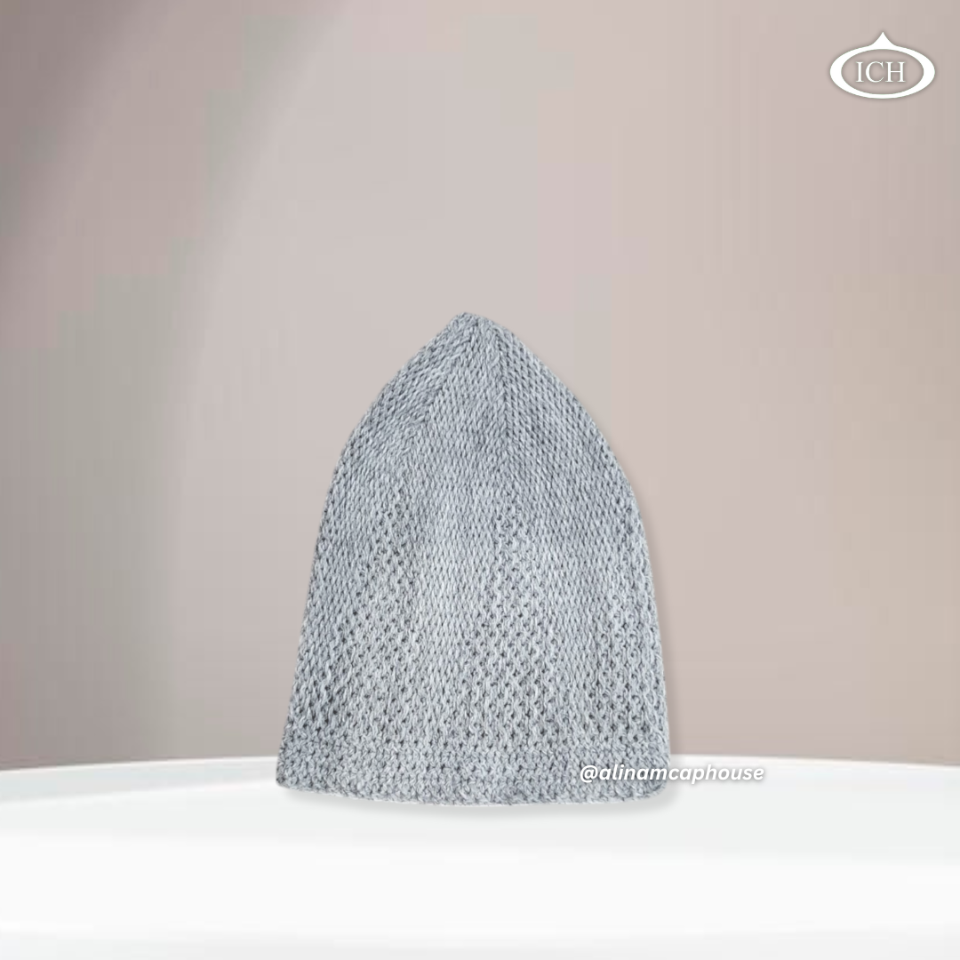 N07 grey, Islamic prayer cap, side view, clean lines, snug fit, AL INAM CAP HOUSE