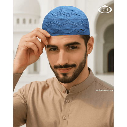 N13 blue Turkish knitted cap, Islamic prayer cap, angled view on model, elegant knit texture, comfortable fit, AL INAM CAP HOUSE