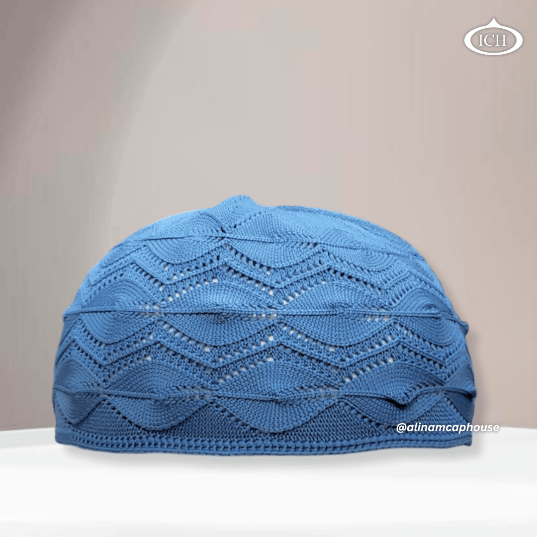 N13 blue Turkish knitted cap, Islamic prayer cap, front view, soft breathable fabric, textured knit design, AL INAM CAP HOUSE