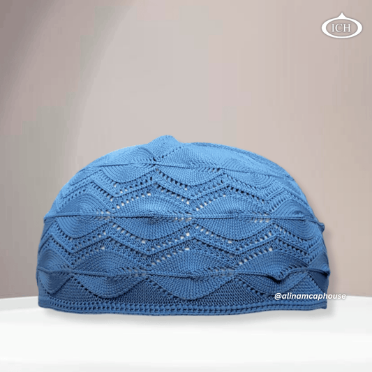 N13 blue Turkish knitted cap, Islamic prayer cap, front view, soft breathable fabric, textured knit design, AL INAM CAP HOUSE