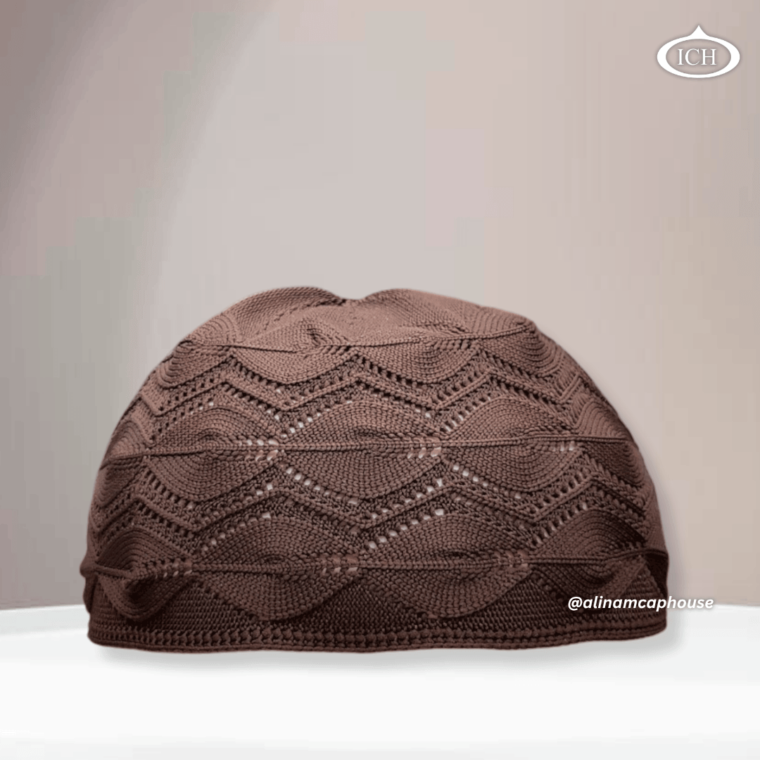 N13 brown Turkish knitted cap, Islamic prayer cap, front view, soft breathable fabric, textured knit, AL INAM CAP HOUSE