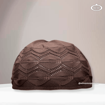 N13 brown Turkish knitted cap, Islamic prayer cap, front view, soft breathable fabric, textured knit, AL INAM CAP HOUSE