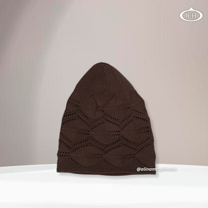 N13 brown Turkish knitted cap, Islamic prayer cap, side view, snug profile, fine detail, AL INAM CAP HOUSE