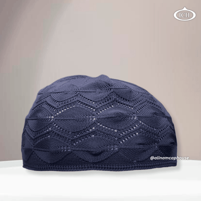 N13 dark blue Turkish knitted cap, Islamic prayer cap, front view, soft breathable fabric, textured knit design, AL INAM CAP HOUSE