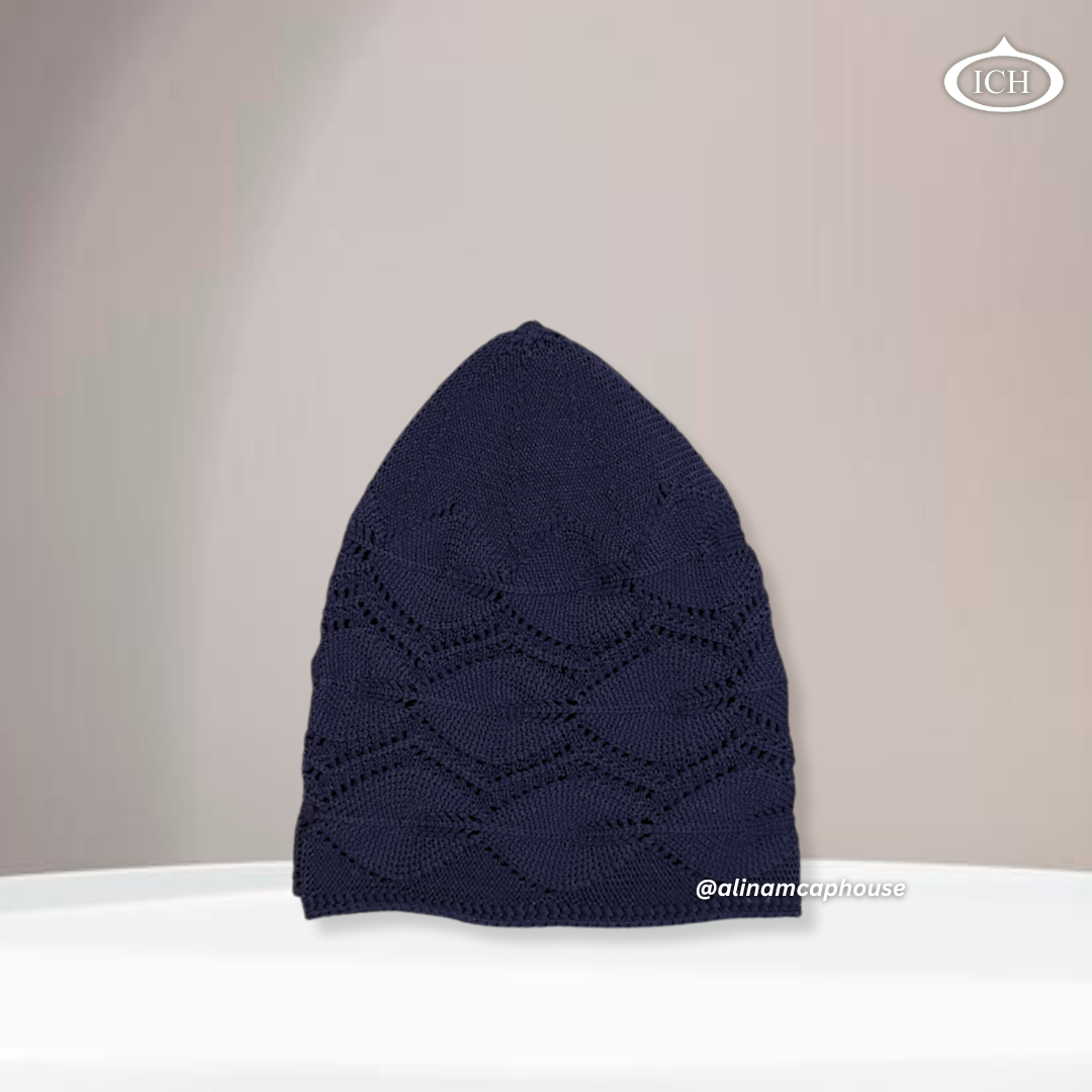 N13 dark blue Turkish knitted cap, Islamic prayer cap, side view, snug fit, detailed knit lines, AL INAM CAP HOUSE