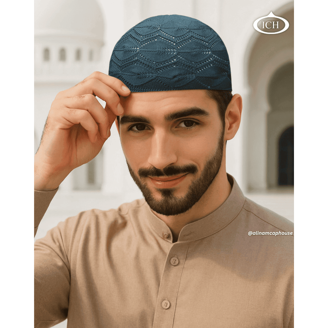 N13 dark green Turkish knitted cap, Islamic prayer cap, angled view on model, elegant texture, comfortable fit, AL INAM CAP HOUSE