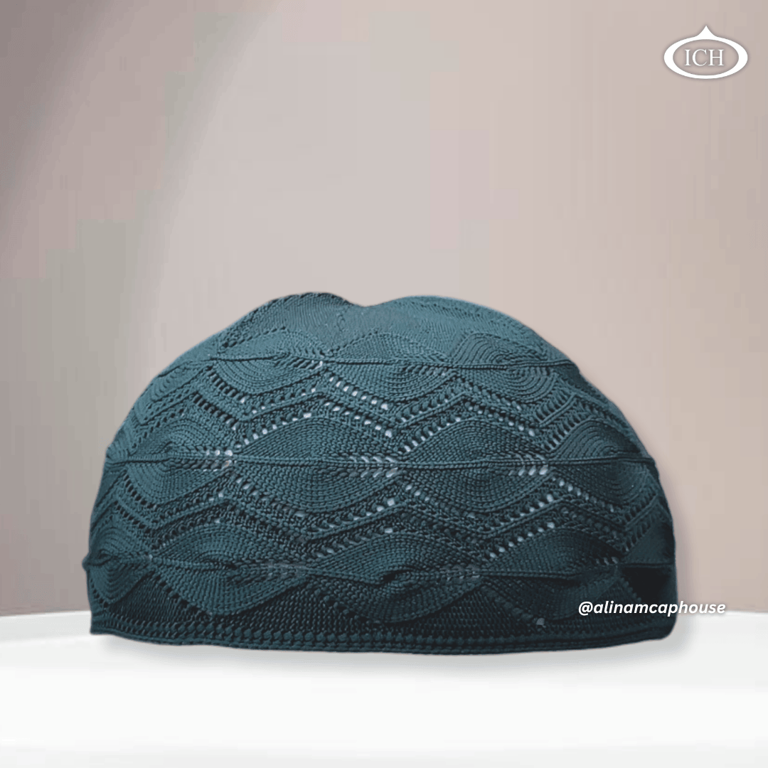 N13 dark green Turkish knitted cap, Islamic prayer cap, front view, soft breathable fabric, textured knit, AL INAM CAP HOUSE