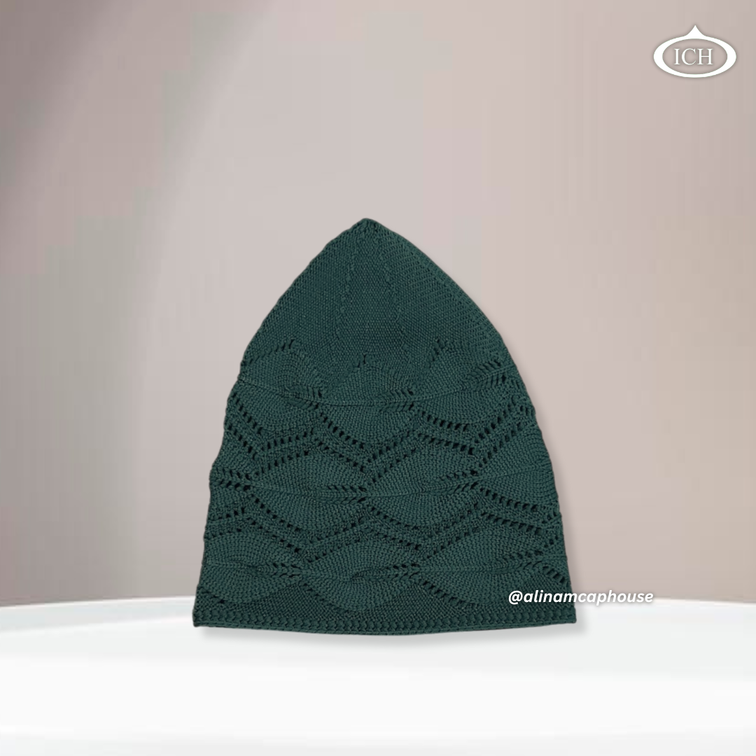 N13 dark green Turkish knitted cap, Islamic prayer cap, side view, snug fit, fine detailing, AL INAM CAP HOUSE