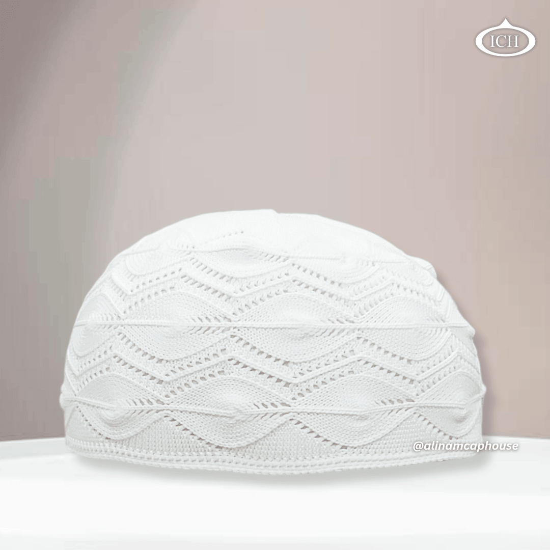 N13 dove white Turkish knitted cap, Islamic prayer cap, front view, soft breathable fabric, subtle knit texture, AL INAM CAP HOUSE