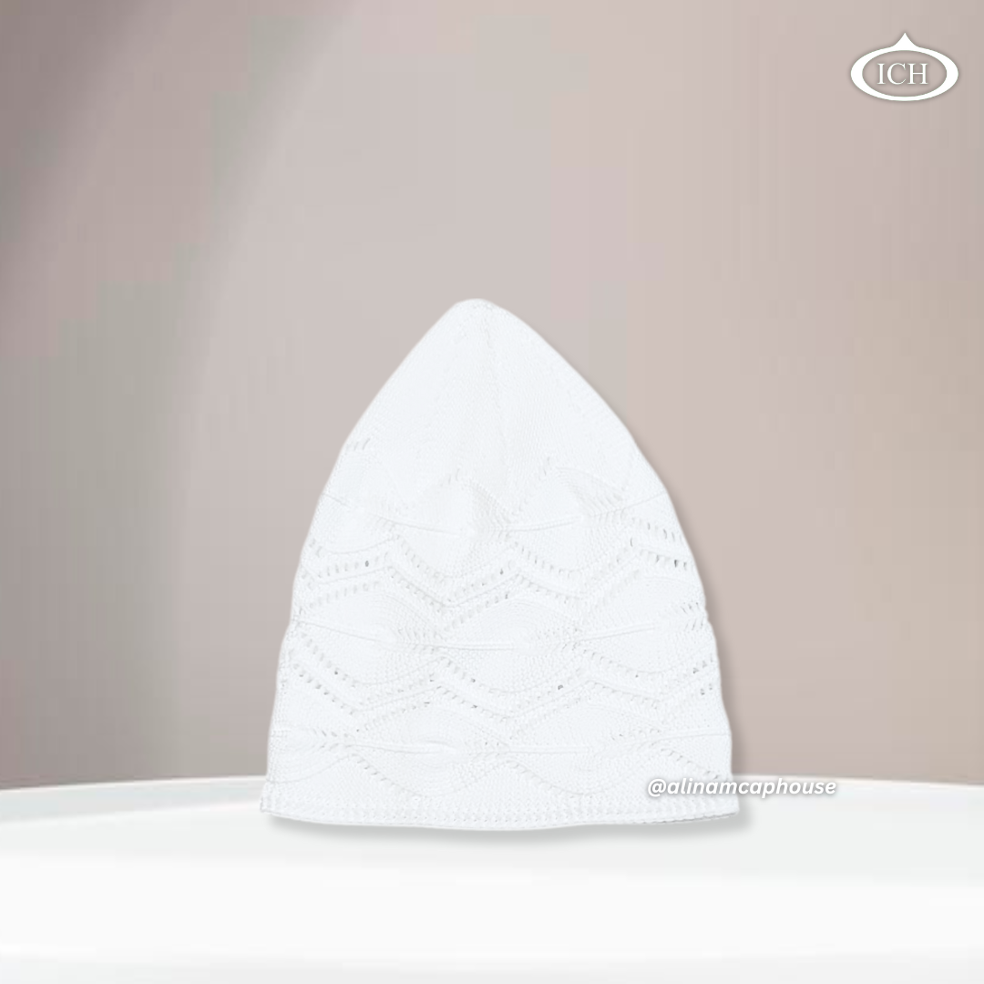 N13 dove white Turkish knitted cap, Islamic prayer cap, side view, snug profile, delicate detail, AL INAM CAP HOUSE