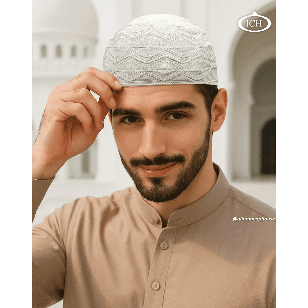 N13 off-white Turkish knitted cap, Islamic prayer cap, angled view on model, refined texture, comfortable fit, AL INAM CAP HOUSE