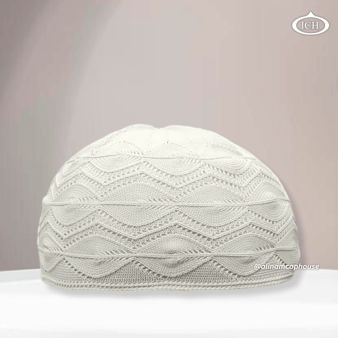 N13 off-white Turkish knitted cap, Islamic prayer cap, front view, soft breathable fabric, elegant knit design, AL INAM CAP HOUSE