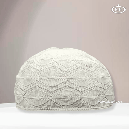 N13 off-white Turkish knitted cap, Islamic prayer cap, front view, soft breathable fabric, elegant knit design, AL INAM CAP HOUSE