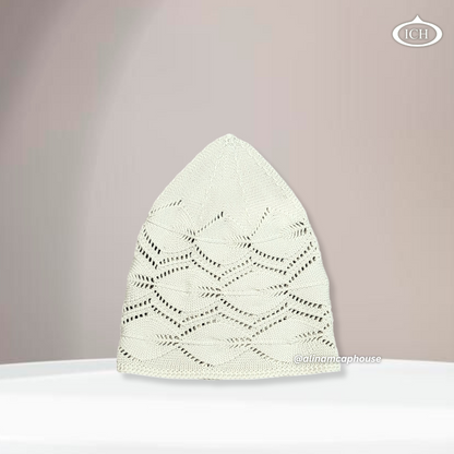 N13 off-white Turkish knitted cap, Islamic prayer cap, side view, snug fit, subtle texture details, AL INAM CAP HOUSE