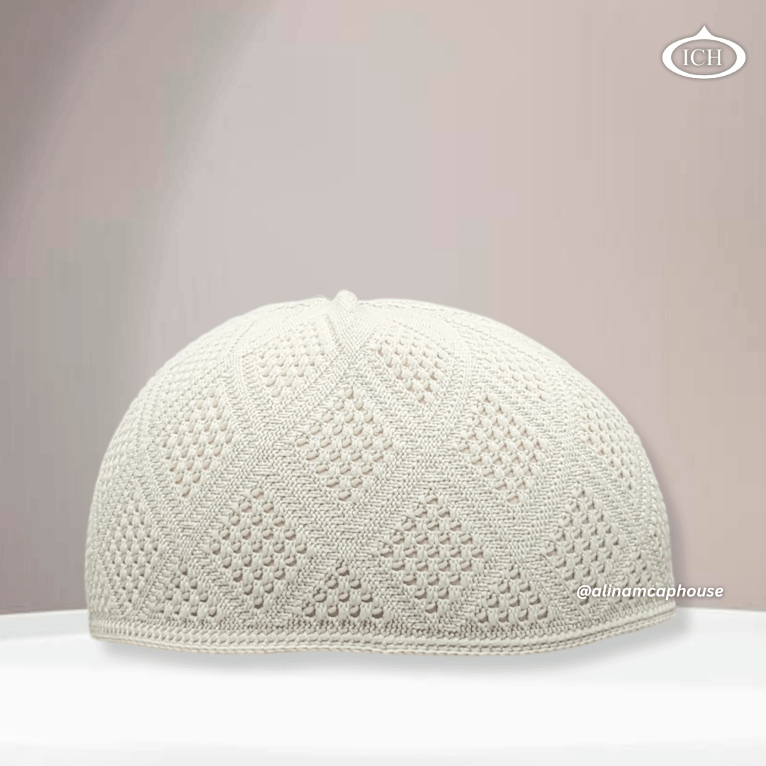 N11 off-white Turkish knitted cap, Islamic prayer cap, front view, soft breathable fabric, delicate knit texture, AL INAM CAP HOUSE