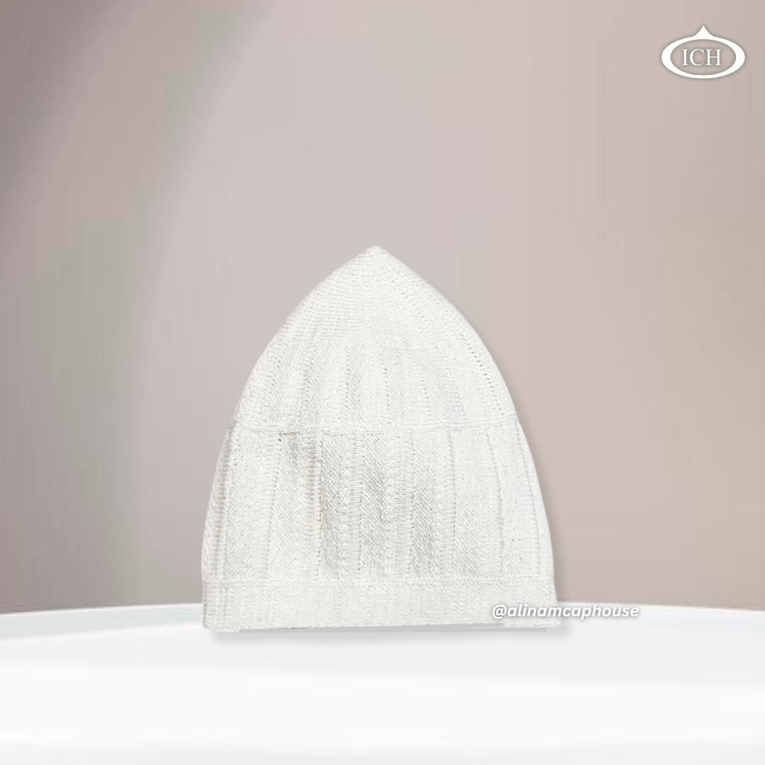 N04 off-white, Islamic prayer cap, side view, snug fit, handcrafted detail, AL INAM CAP HOUSE