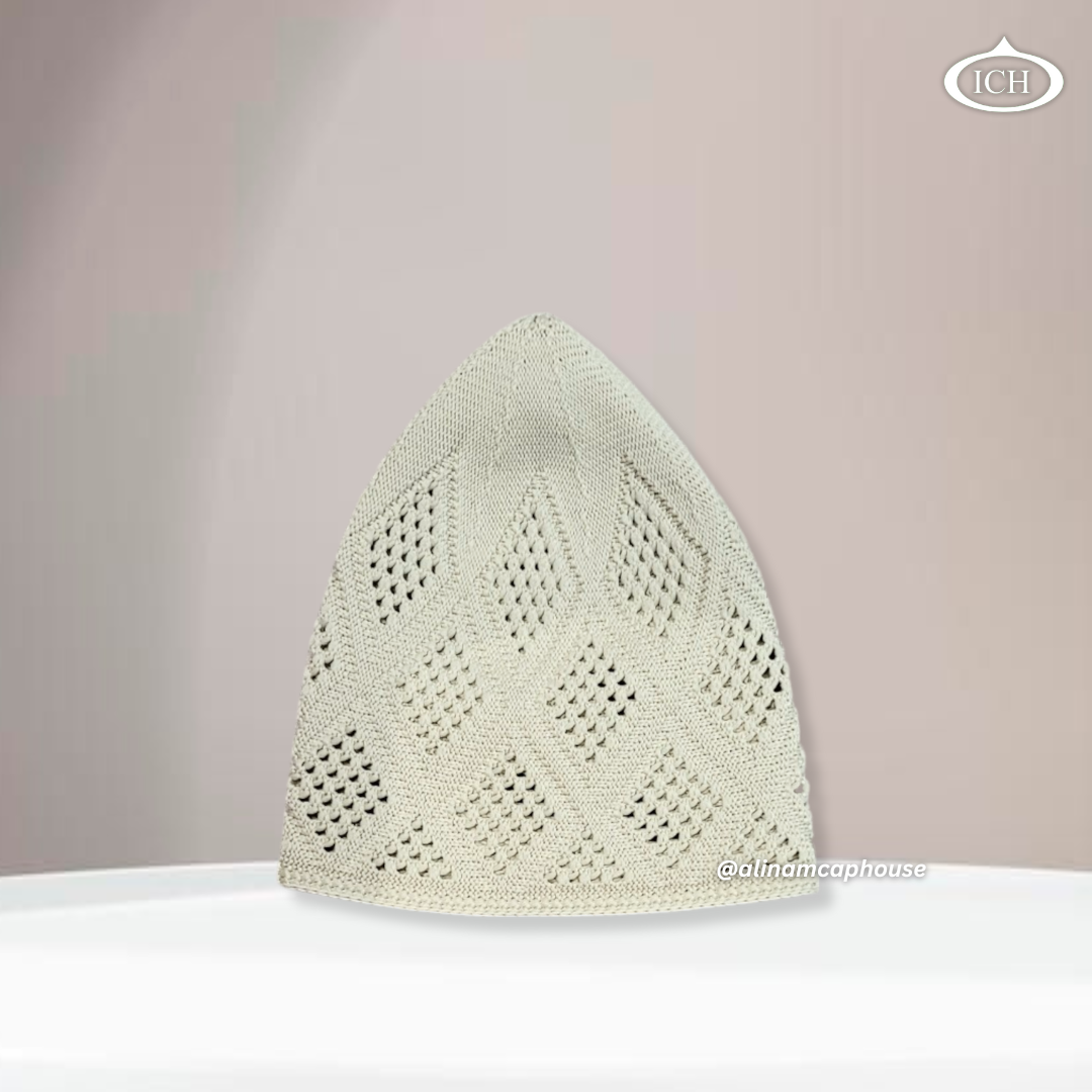 N11 off-white Turkish knitted cap, Islamic prayer cap, side view, snug fit, subtle detailing, AL INAM CAP HOUSE