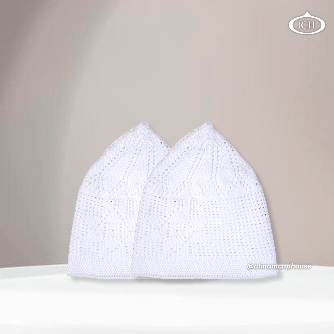 pack of 2, Islamic prayer caps, front view, soft breathable fabric, textured design, AL INAM CAP HOUSE