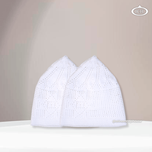 pack of 2, Islamic prayer caps, front view, soft breathable fabric, textured design, AL INAM CAP HOUSE