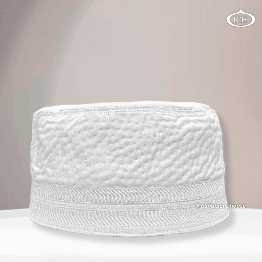 Al Inam Cap white, premium Islamic prayer cap, front view, soft breathable fabric, AL INAM CAP HOUSE
